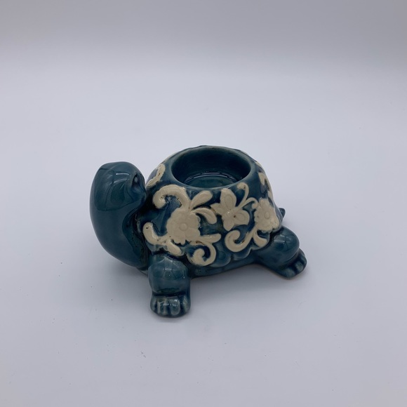 Blue & White Tea Light Ceramic Turtle Candle Or Plant Holder Crackle - Picture 4 of 12